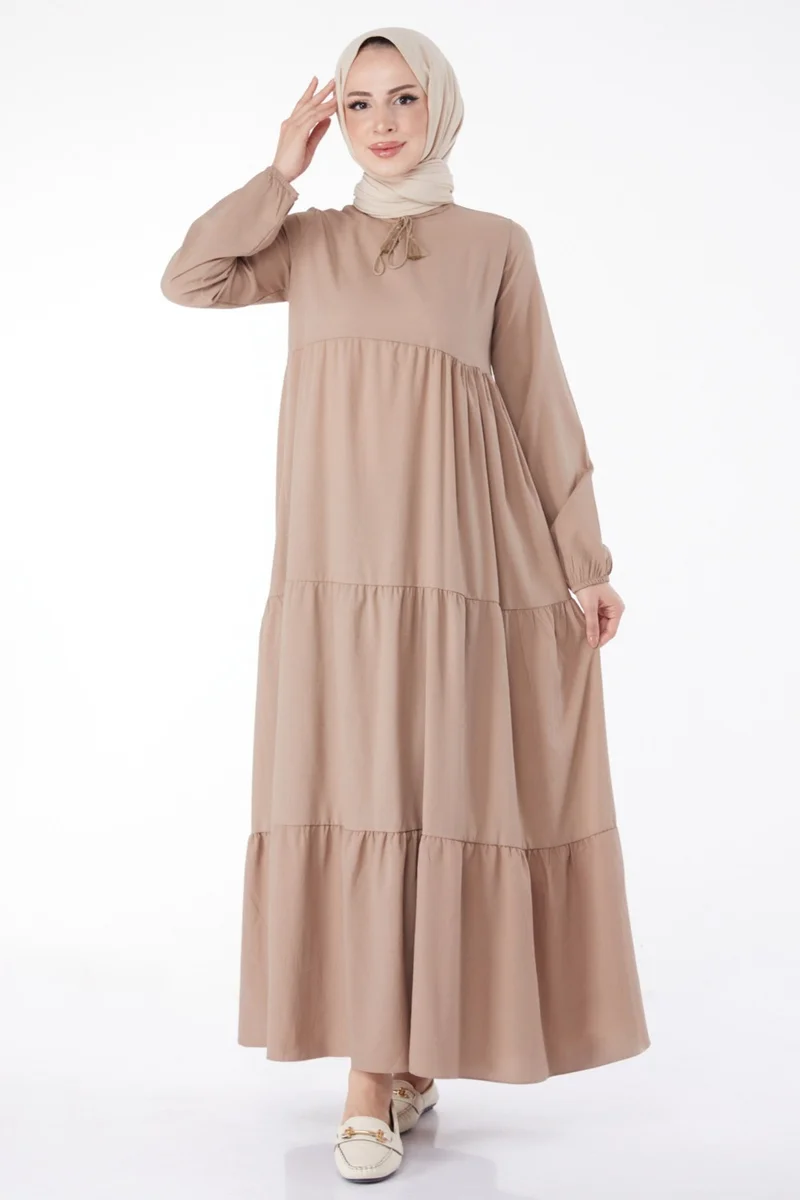 Tofisa Plain Judge Collar Women's Mink Gathered Lace Detail Dress - 13145