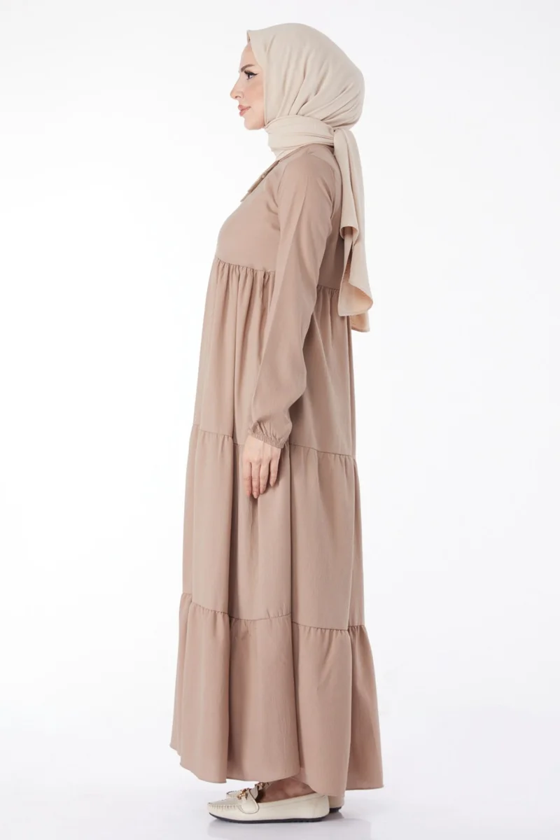 Tofisa Plain Judge Collar Women's Mink Gathered Lace Detail Dress - 13145