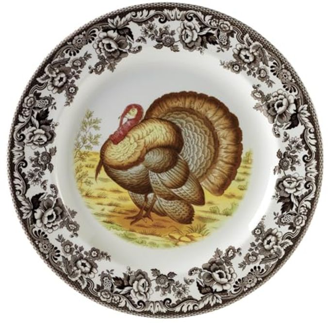 Spode Woodland Turkey Dinner Plate - 10.5" Traditional Thanksgiving Design with Historic British Floral Border, Fine Earthenware - Dishwasher, Microwave & Warm Oven Safe - Made in England