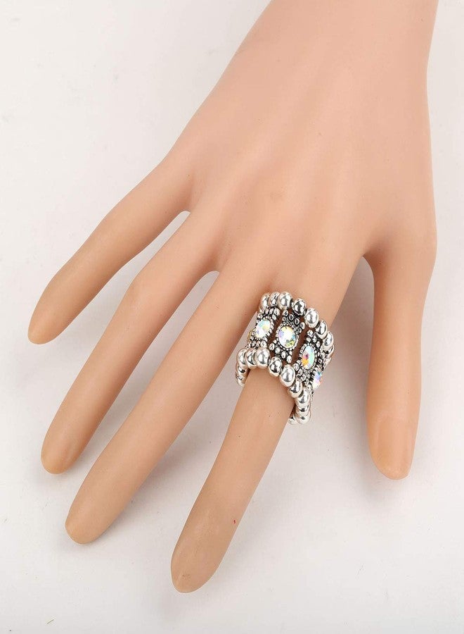 YACQ Women's Stretch Band Rings Fit Finger Size 6-1/2 To 9 - Soft Elastic Band Perfect for Arthritis - Silk Scarf Holders - Lead & Nickle Free - 4/5 Inch Wide (Silver AB) - Image 3