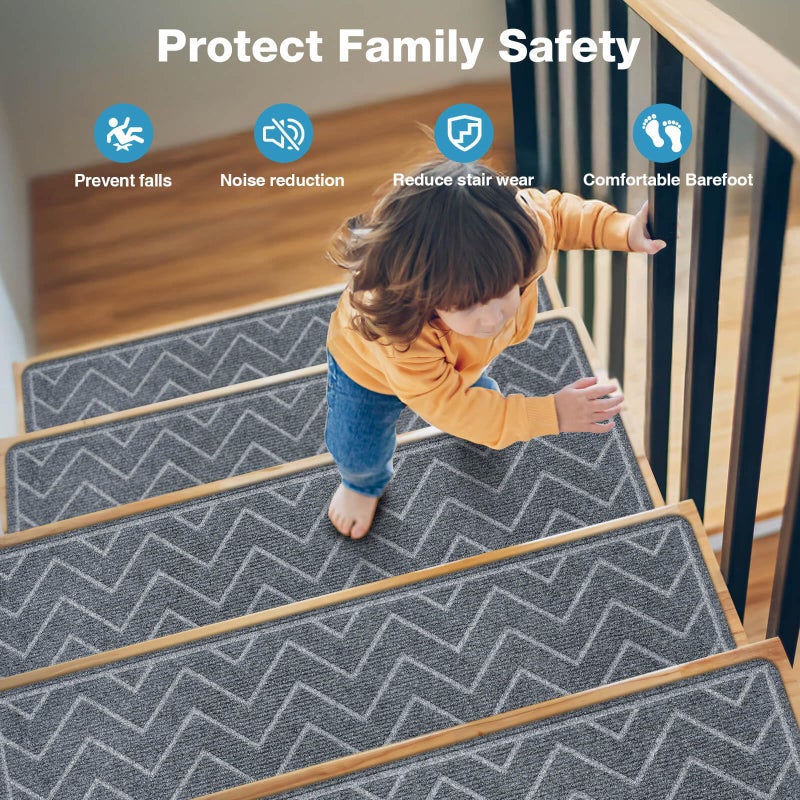 DK177 Stair Treads for Wooden Steps, 15 Pack 8"x30" Non-Slip Indoor Carpet Stair Treads with Reusable Polyester TPE Backing for Kids Elders and Pets (Dark Gray) - Image 2