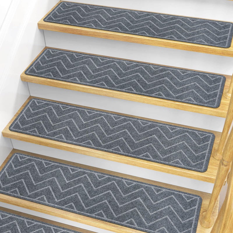 DK177 Stair Treads for Wooden Steps, 15 Pack 8"x30" Non-Slip Indoor Carpet Stair Treads with Reusable Polyester TPE Backing for Kids Elders and Pets (Dark Gray) - Image 1