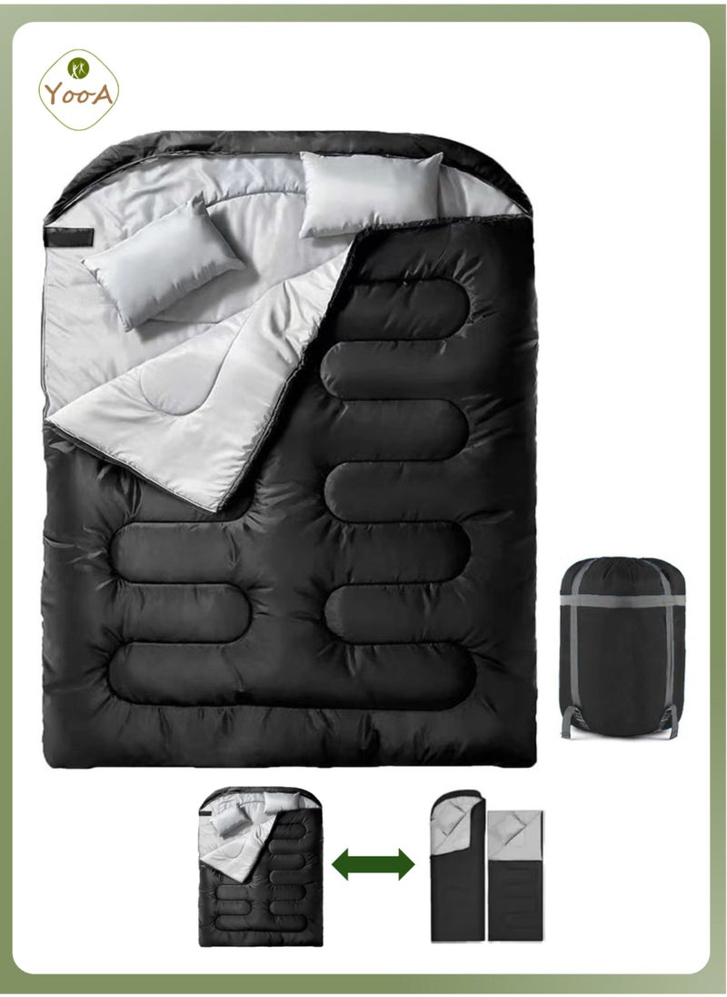 YooA Double Camping Cotton Sleeping Bag with 2 Pillow & Compression Sack | Quenn-size 2-person Winter Cold Weather Sleeping for Camping Hiking Outdoor Travel Trekking, Lightweight Waterproof Splicable (220*150cm, 3kg, Black)  - Image 1
