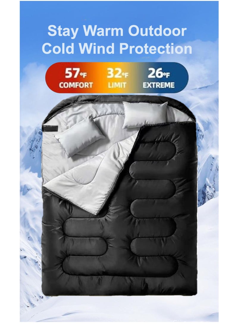 YooA Double Camping Cotton Sleeping Bag with 2 Pillow & Compression Sack | Quenn-size 2-person Winter Cold Weather Sleeping for Camping Hiking Outdoor Travel Trekking, Lightweight Waterproof Splicable (220*150cm, 3kg, Black)  - Image 2
