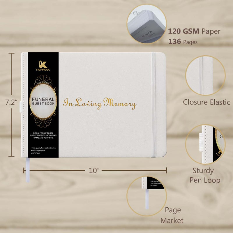 Tiankool Funeral Guest Book for Memorial Service - in Loving Memory Guest Book for Funeral Sign in - Celebration of Life Guest Book for Funeral Guest Registry-134 Pages,10" x 7",Hardcover,White - Image 2