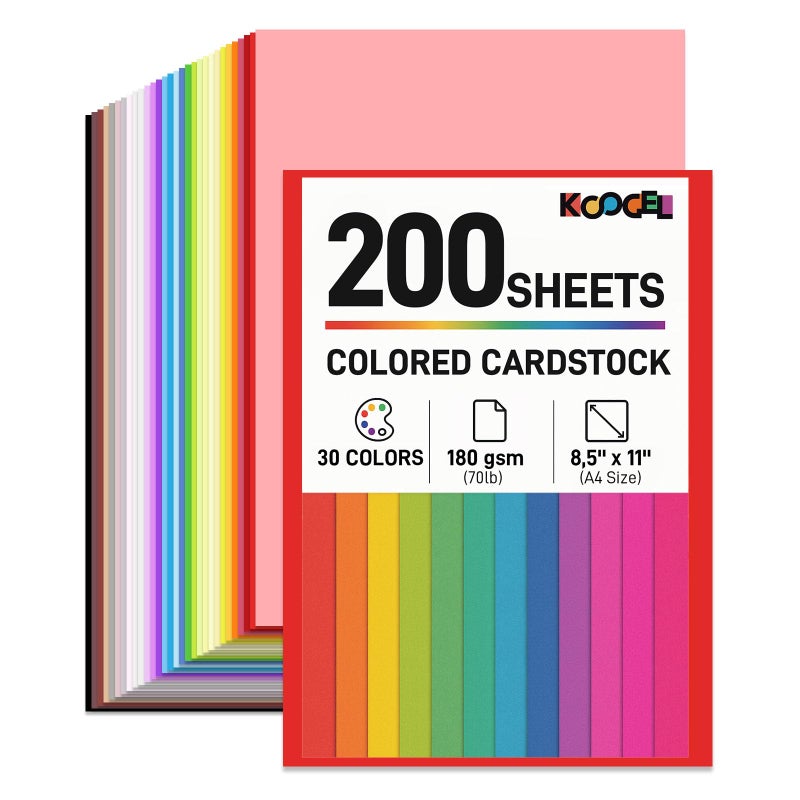 Koogel 200 Sheets Colored Cardstock, 8.5 x 11 Inches,70lb/ 180gsm, 30 Colors Scrapbook Paper for DIY Crafts Card Making, Back to School Supplies - Image 1