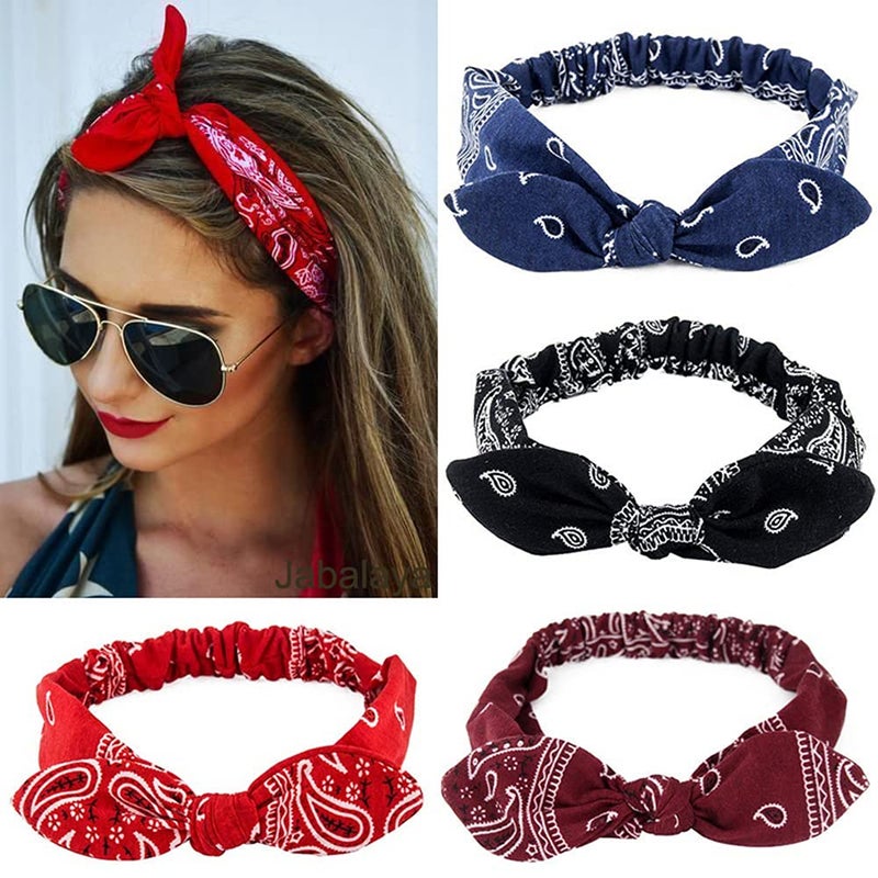 Carede 6 Pack Elastic Paisley Bandana Knot Headbands Rabbit Ear Bow Headband Turban Headwraps Hair Band for Women Girls - Image 5