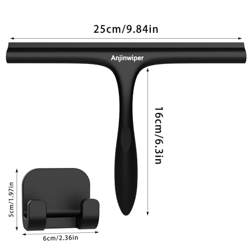 Anjinwiper Shower Squeegee for Glass Doors with Adhesive Hook, Window Squeegee for Shower Glass, Cleaning Tile Wall, Bathroom Cleaner Tool Household Silicone Squeegee(10 inch-Black) - Image 2