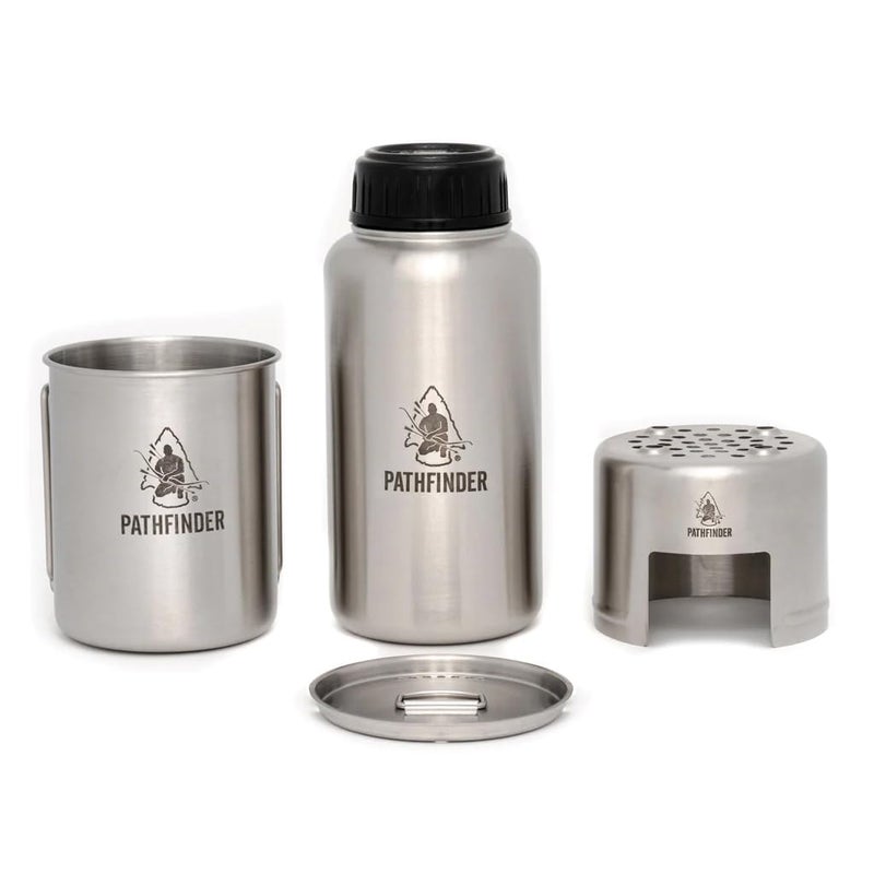 The Pathfinder School Stainless Steel 32oz Water Bottle, Cup with Bat Wing Handles, and Stove Set - Image 1