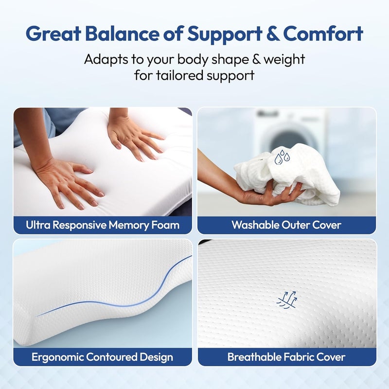 Frido Ultimate Neck Contour Cervical Plus Pillow for Neck, Back Pain, Shoulder Pain, Orthopedic Ergonomic Memory Foam Best Pillow for Cervical Spine Neck Pain Relief | White - Large - Image 3