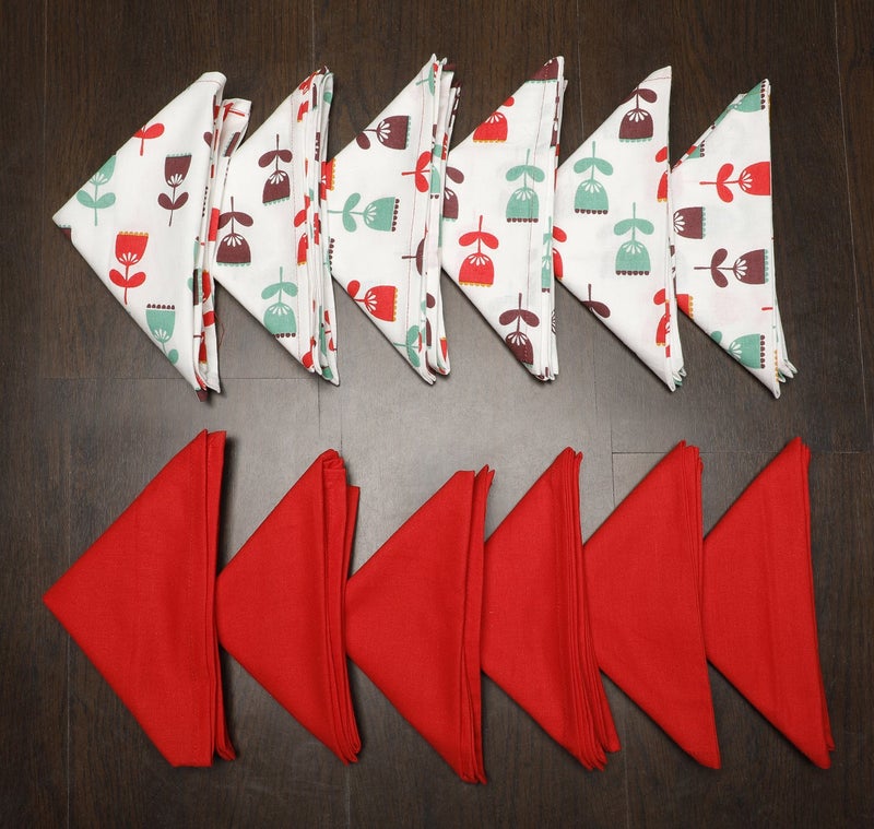 Dekor World Floral Plain Printed Red Napkin Set (Pack of 12) - Image 1