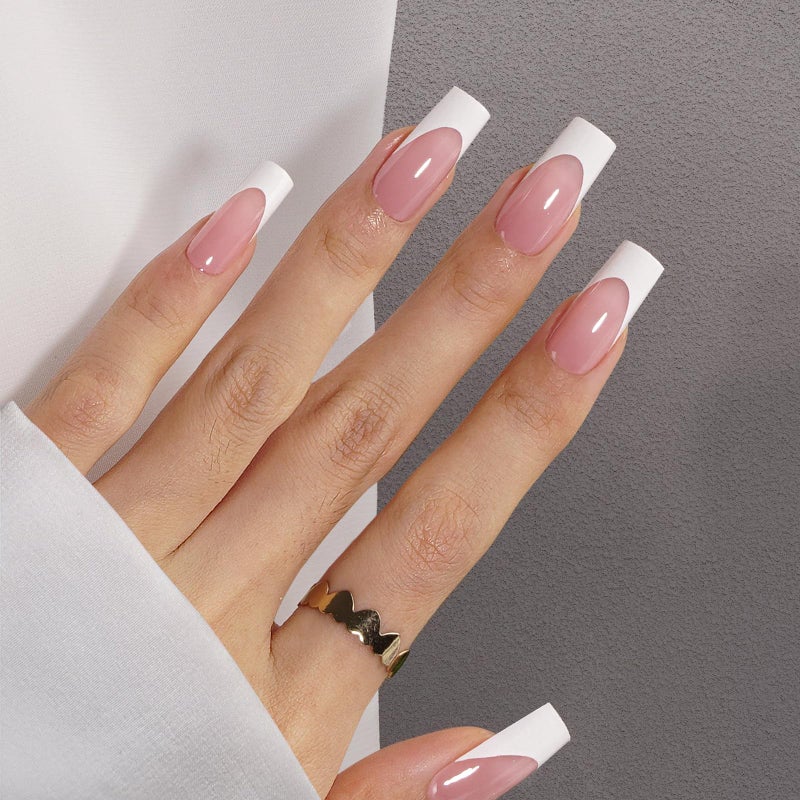 Canvalite French Tip Press on Nails - 300Pcs Pre-Colored Quick and Easy Press on Nails Long Square Fake Nails with Designs DIY Gel Nail Tips, Pink White - Image 2