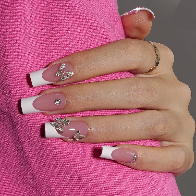 Canvalite French Tip Press on Nails - 300Pcs Pre-Colored Quick and Easy Press on Nails Long Square Fake Nails with Designs DIY Gel Nail Tips, Pink White - Image 3