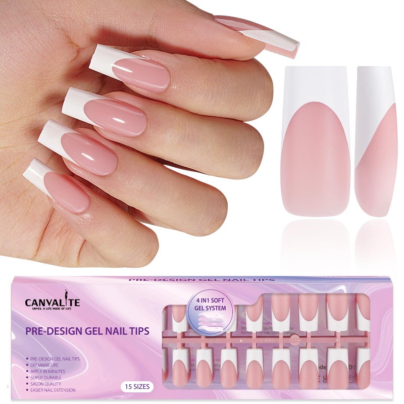 Canvalite French Tip Press on Nails - 300Pcs Pre-Colored Quick and Easy Press on Nails Long Square Fake Nails with Designs DIY Gel Nail Tips, Pink White - Image 1