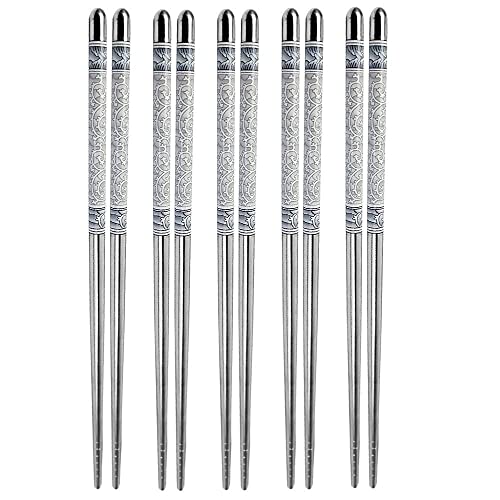 FOMQUAZLI Stainless Steel Chopsticks Reusable 5 Pair Set with Non-Slip Design Japanese Korean Chopstick Dishwasher Safe Exquisite Pattern - Image 1