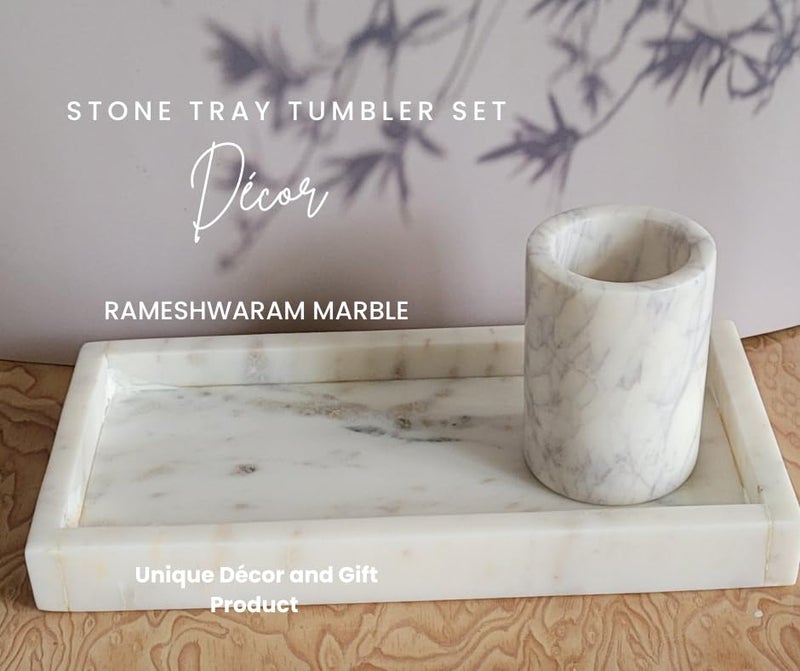 RM صينية رخامية مستطيلة الشكل مع كوب للحمام وغرفة المعيشة والمطبخ لتقديم الطعام وطاولة الطعام والمجوهرات والشمع والعطور ومنظم مستحضرات التجميل هدية صينية فاخرة بيضاء - Image 4