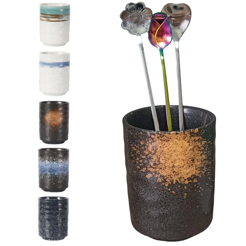 TOPYOKK Stoneware Coffee Bar Utensil Holder Tea Coffee Spoon Stirrer Holder for Stir Stick Straw Teaspoon Holder Spoon Cup Small Utensil Jar Fireworks