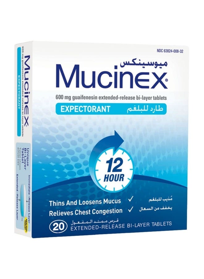 Mucinex Expectorant Guaifenesin 600mg Extended Release Bi-Layer Tablets For Chest Congestion & Mucus Relief 20 Tablets - Image 2