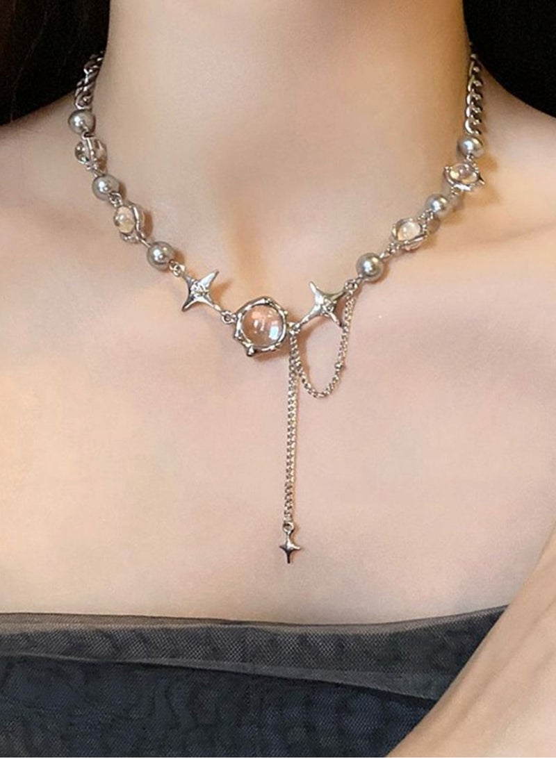 Huitich Charm Statement Necklace with Star & Orb Accents Silver Color Tone  - Image 2