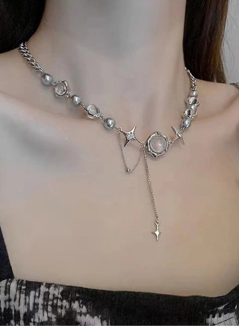 Huitich Charm Statement Necklace with Star & Orb Accents Silver Color Tone  - Image 3