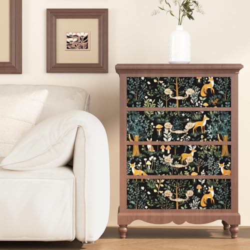 VOLEAAR Dark Animal Peel and Stick Wallpaper, Vintage Floral Forest Fox Wallpaper for Nursery Kid Bedroom Stair Door Cabinet, Removable Vinyl Mushroom Contact Paper Peelable Navy Orange 17.5In x 118In - Image 5