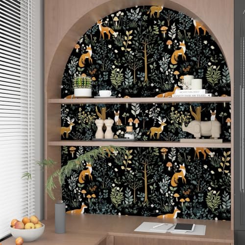 VOLEAAR Dark Animal Peel and Stick Wallpaper, Vintage Floral Forest Fox Wallpaper for Nursery Kid Bedroom Stair Door Cabinet, Removable Vinyl Mushroom Contact Paper Peelable Navy Orange 17.5In x 118In - Image 4