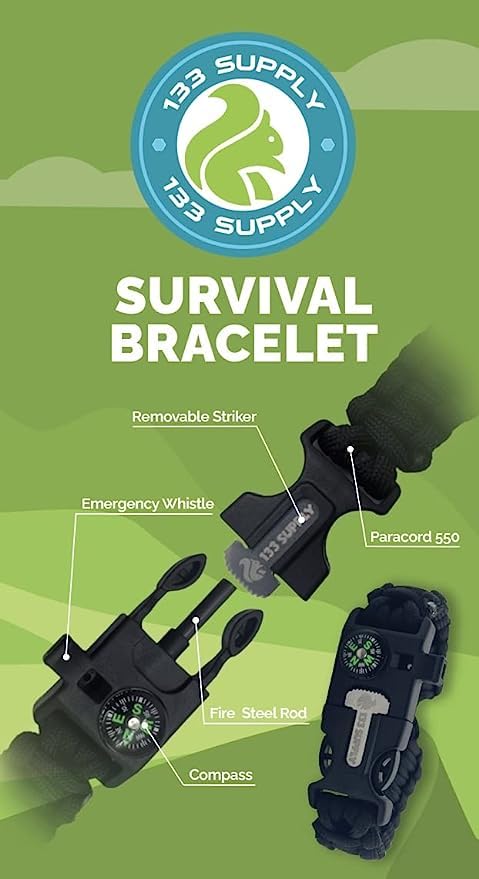 133 SUPPLY Tactical Paracord Compass Hiking Survival Bracelet Men Dad Gifts Camping Accessories Hiking Gear Women Hunting Gear Fishing Essentials Flint Steel Tool Fire Starter Kit Whistle Bear Safety - Image 3