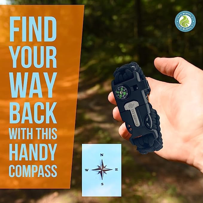 133 SUPPLY Tactical Paracord Compass Hiking Survival Bracelet Men Dad Gifts Camping Accessories Hiking Gear Women Hunting Gear Fishing Essentials Flint Steel Tool Fire Starter Kit Whistle Bear Safety - Image 5