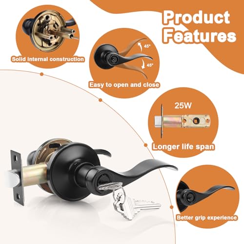 Probrico (4 Pack Black Entry Knobs with Lock and Key, Keyed Alike Lockset Combo Pack, Indoor and Outdoor Leversets, Reversible for Both Left and Right Open - Image 4