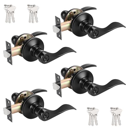 Probrico (4 Pack Black Entry Knobs with Lock and Key, Keyed Alike Lockset Combo Pack, Indoor and Outdoor Leversets, Reversible for Both Left and Right Open - Image 1