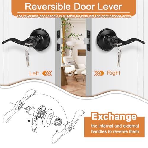 Probrico (4 Pack Black Entry Knobs with Lock and Key, Keyed Alike Lockset Combo Pack, Indoor and Outdoor Leversets, Reversible for Both Left and Right Open - Image 5