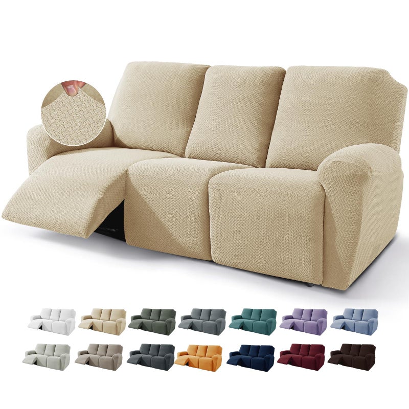 JIVINER 8Piece Recliner Sofa Covers Stretch Jacquard Couch Covers for Reclining Slipcovers for Living Room 3 Cushion Soft Recliner Protector with Pocket Sofa Recliner Light Beige