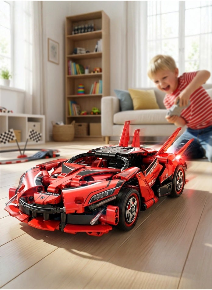 مجموعة بناء سيارة خارقة تعمل بجهاز تحكم عن بعد 2 في 1 - لعبة بناء سيارة سباق تعمل بجهاز تحكم عن بعد بتردد 2.4 جيجاهرتز - نموذج سيارة خارقة بطول 25.2 سم مع أبواب قابلة للفتح وتوجيه سلس - هدية تعليمية للمراهقين والبالغين - أحمر - Image 1