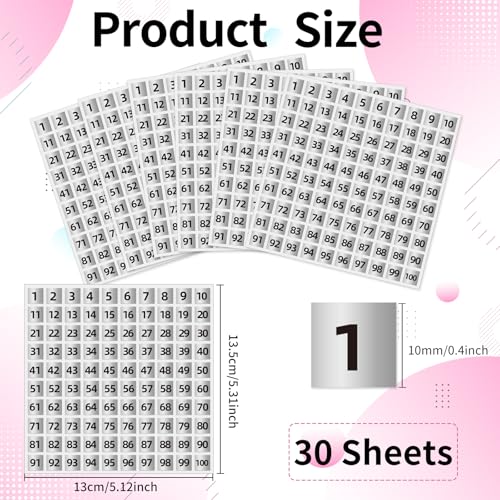 STARLIBOO 1 to 100 Consecutive Number Stickers, 0.4 inch Square Small Number Stickers Labels for Inventory, Storage, Organizing, Boxes, Bins, Toolbox, Locker (3000 Labels, Matte Silver) - Image 3