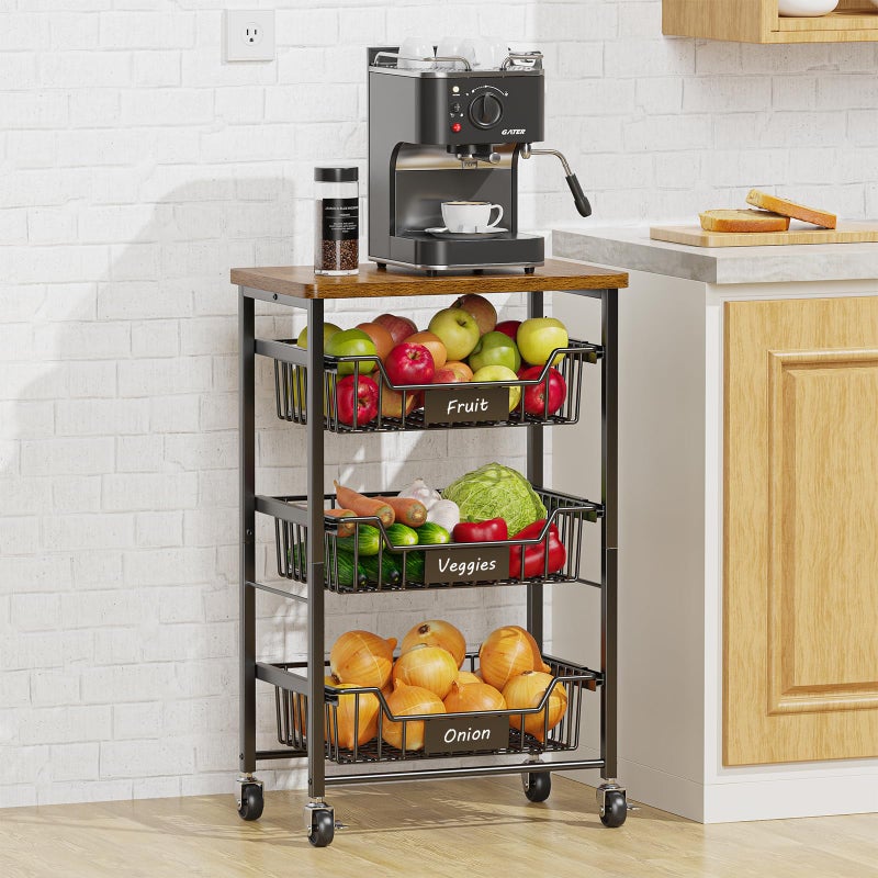 CHLORYARD CHLORYARD 4Tier Vegetable Fruit Basket Kitchen Storage Rolling Cart on Wheels with PullOut Baskets and Wood Top for Kitchen Diningroom Pantry 