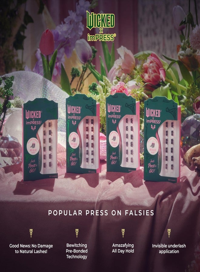 Impress WICKED X imPRESS Press On Self Adhesive Eyelashes, ‘Wickedly Beautiful’, 12 Lash Clusters, 8mm-10mm, Natural Volume, Green Glitter, Pink & Green Mini Applicator - Image 4