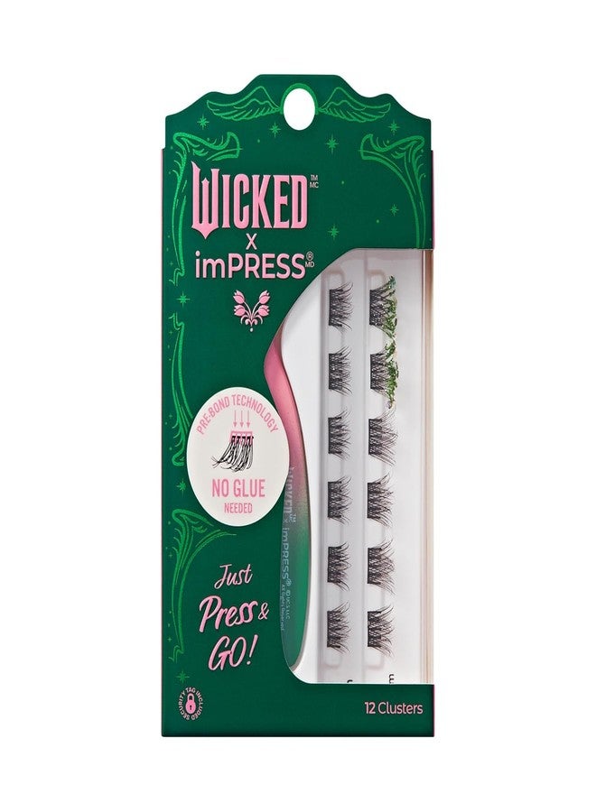 Impress WICKED X imPRESS Press On Self Adhesive Eyelashes, ‘Wickedly Beautiful’, 12 Lash Clusters, 8mm-10mm, Natural Volume, Green Glitter, Pink & Green Mini Applicator - Image 1