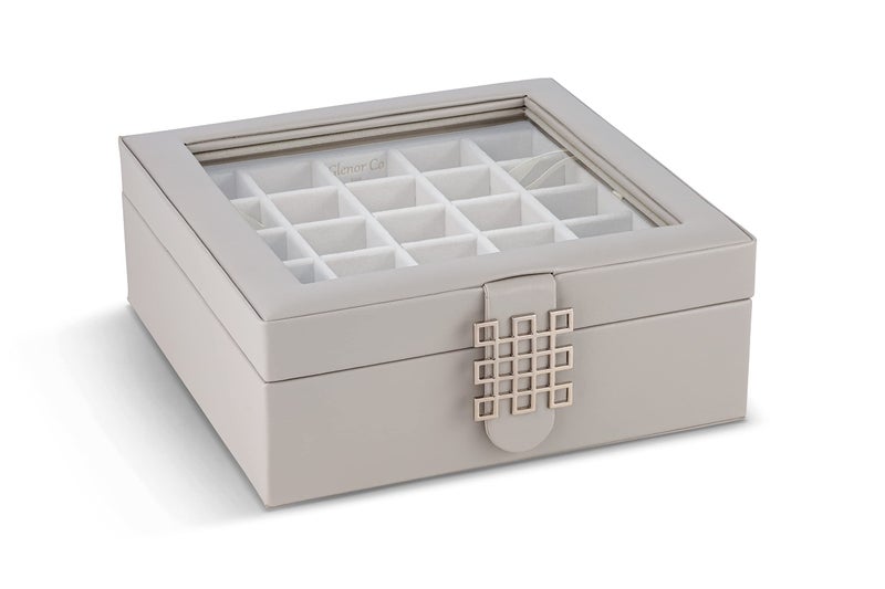 Glenor Co Earring Organizer - Classic 50 Section Jewelry Box/Case/Holder for Earrings, Rings, Necklaces, Jewelry, Cufflinks or Collections -2 Layer Small Compartments with Large Glass Top - Grey - Image 3
