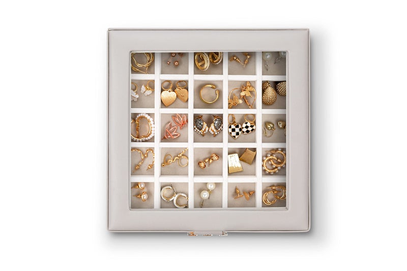 Glenor Co Earring Organizer - Classic 50 Section Jewelry Box/Case/Holder for Earrings, Rings, Necklaces, Jewelry, Cufflinks or Collections -2 Layer Small Compartments with Large Glass Top - Grey - Image 2
