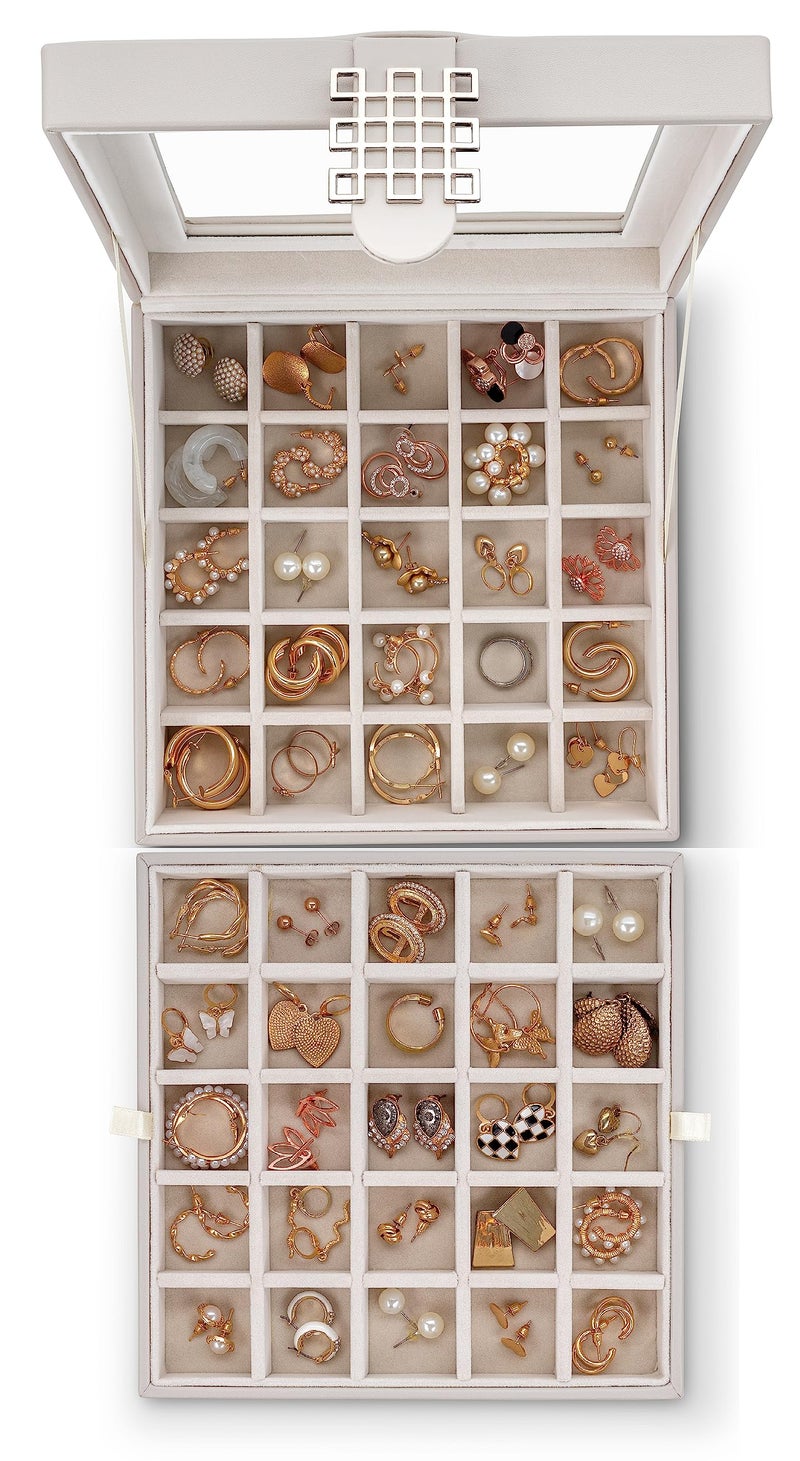 Glenor Co Earring Organizer - Classic 50 Section Jewelry Box/Case/Holder for Earrings, Rings, Necklaces, Jewelry, Cufflinks or Collections -2 Layer Small Compartments with Large Glass Top - Grey - Image 4