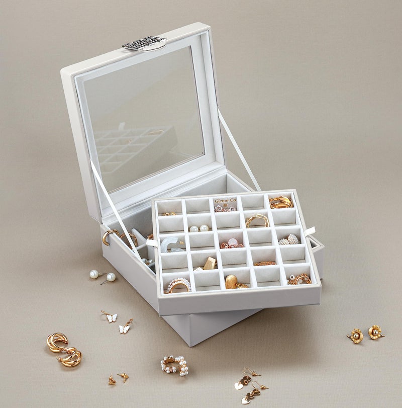 Glenor Co Earring Organizer - Classic 50 Section Jewelry Box/Case/Holder for Earrings, Rings, Necklaces, Jewelry, Cufflinks or Collections -2 Layer Small Compartments with Large Glass Top - Grey - Image 5