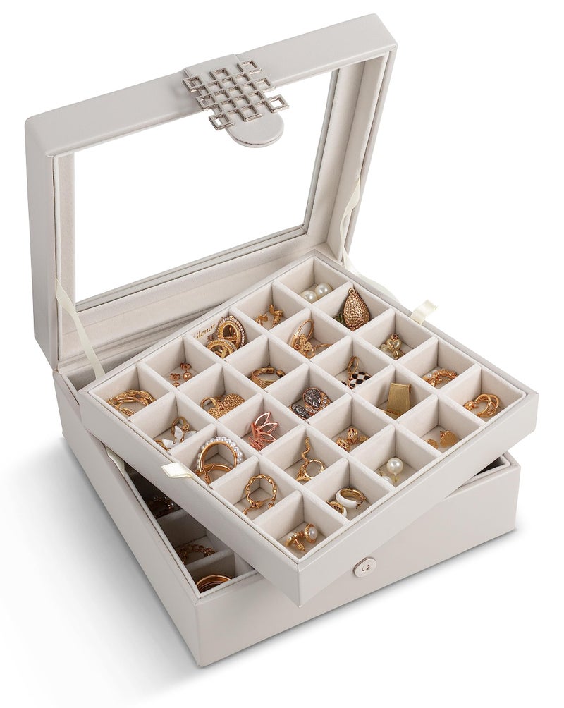 Glenor Co Earring Organizer - Classic 50 Section Jewelry Box/Case/Holder for Earrings, Rings, Necklaces, Jewelry, Cufflinks or Collections -2 Layer Small Compartments with Large Glass Top - Grey - Image 1