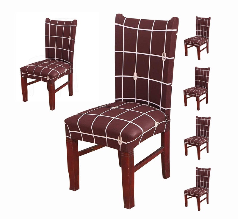 House of Quirk Polyester Spandex Printed Chair Cover Stretch Removable Washable Short Dining Chair Cover Protector Seat Slipcover (Brown Check, Pack of 6) - Image 1