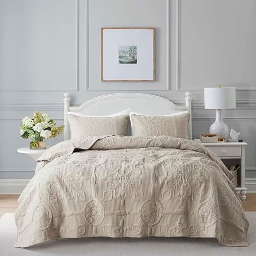 B2EVER Beige Damask Quilt Twin Size Bedding Sets with 1 Pillow Sham Boho Bedspread Lightweight Soft Farmhouse Vintage Bohemian Coverlet Retro Jacquard Pattern Bed Cover for All Season 2 Pieces
