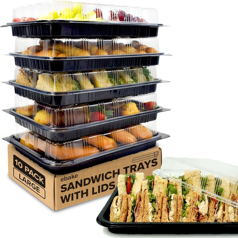 ebake 10 Pack Catering Trays with Lids – 17" Serving Tray with Lid, Heavy Duty Recyclable Plastic Party Platters for Catering, Buffet, Picnics & Events – Food Tray with Clear Lid (17.72 x 12.20 x 2.95 inch) - Image 1
