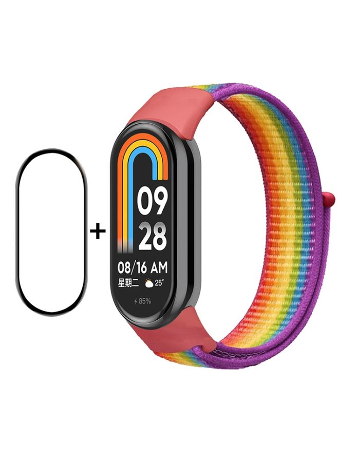 Replacement Strap For Xiaomi Mi Band 8 ENKAY Hat-Prince 2 in 1 Set Full Coverage Screen Protector + Nylon Loop Watch Band Rainbow+Purple