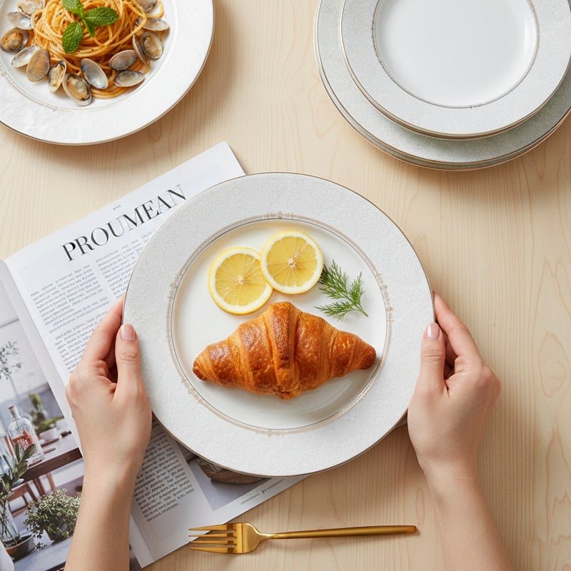Shallow ISLA New Bone China Dinner Plate 26.7 cm  White with Elegant Gold Rim, Premium Tableware for Daily Use, Brunch, Ramadan, Eid, Diwali & Gifting, Crockery, Casual dining plate - Image 2