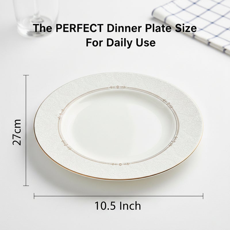 Shallow ISLA New Bone China Dinner Plate 26.7 cm  White with Elegant Gold Rim, Premium Tableware for Daily Use, Brunch, Ramadan, Eid, Diwali & Gifting, Crockery, Casual dining plate - Image 3