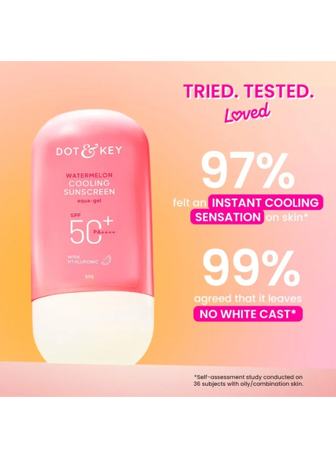 Dot & Key Watermelon Sunscreen 50g Dot & Key Watermelon Hyaluronic Cooling Sunscreen SPF 50 PA+++| for Oily, Normal & Combination Skin | UV + Blue Light Protection | Lightweight | No White Cast | Boosts Vitamin D Absorption | 50g  | Best Price UAE