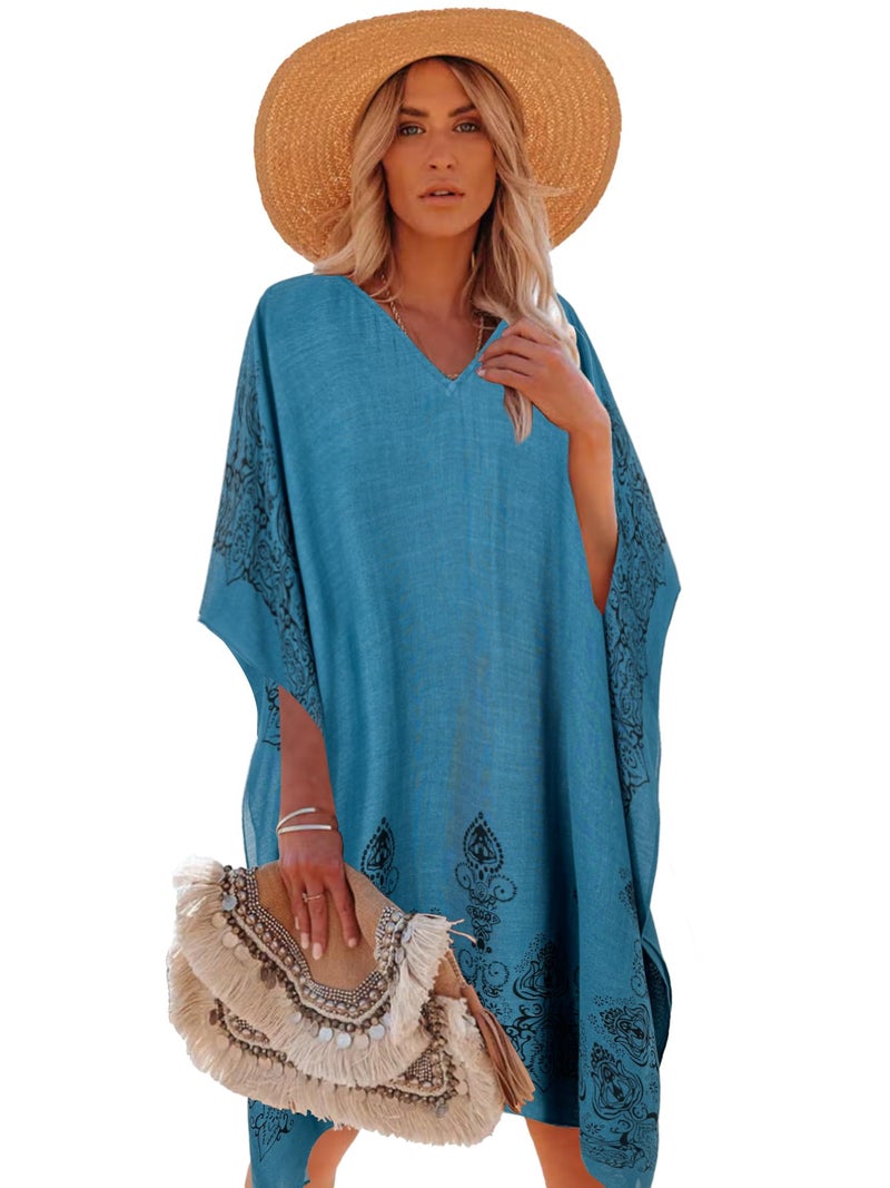 Moss Rose Caftan for Women Beach Cover up Swimsuit Kimono Cardigan with Bohemian Floral Print - Image 1